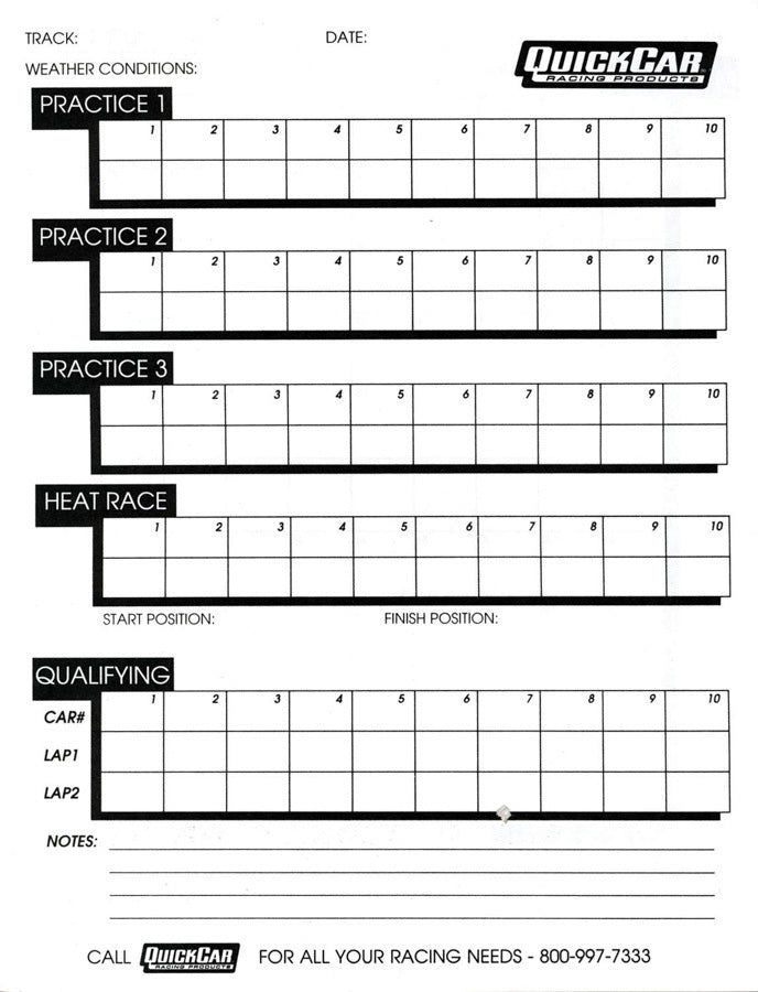 Time Organizer Sheets 100 Lap (50PK) QUICKCAR RACING PRODUCTS