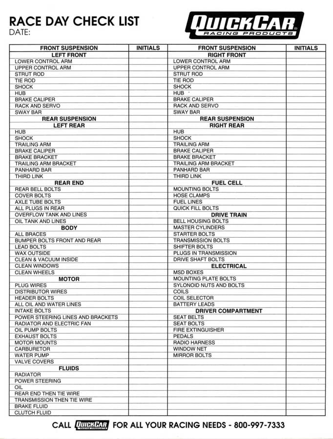 Race Day Check-List QUICKCAR RACING PRODUCTS