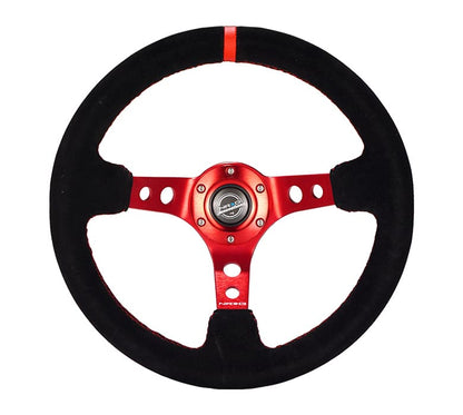 NRG Innovations 350mm Reinforced Deep Dish Steering Wheel - Leather - Red Spokes - Red Stitch – RST-006S-RD