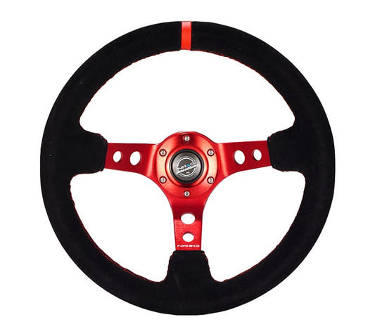 NRG Innovations 350mm Reinforced Deep Dish Steering Wheel - Leather - Red Spokes - Red Stitch – RST-006S-RD