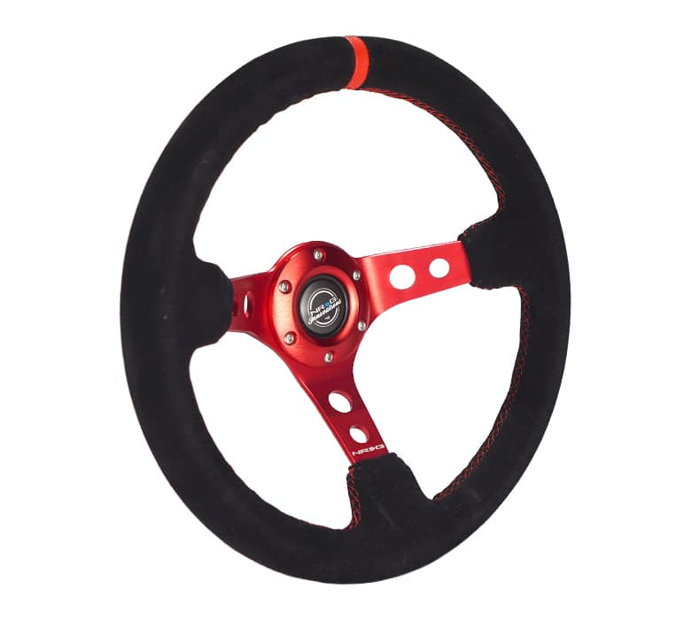 NRG Innovations 350mm Reinforced Deep Dish Steering Wheel - Leather - Red Spokes - Red Stitch – RST-006S-RD