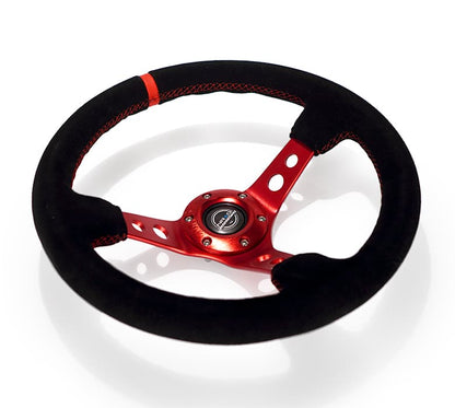 NRG Innovations 350mm Reinforced Deep Dish Steering Wheel - Leather - Red Spokes - Red Stitch – RST-006S-RD