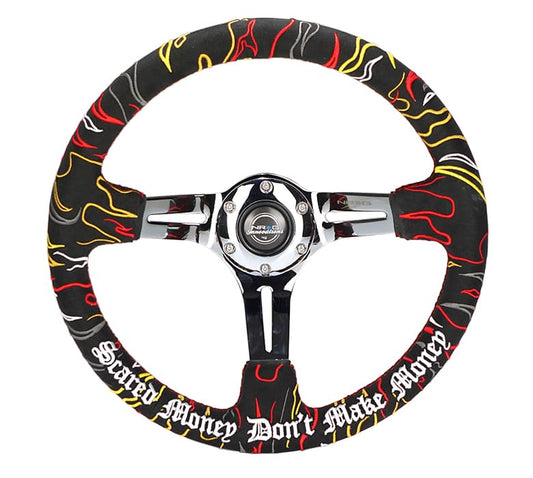 NRG Reinforced Steering Wheel R Litteral Sig 3in Deep/5mm Chrm Spk - Blk Alc w/ Red Stitch - RST-018CH-RLB