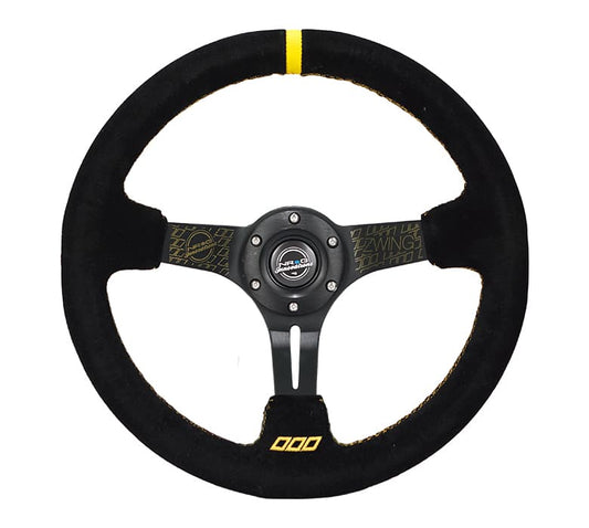 NRG Reinforced Steering Wheel (3in. Deep) Zwing Sig Blk Suede, Gold Stich, Zwing Logo Embroidery - RST-018S-ZWING