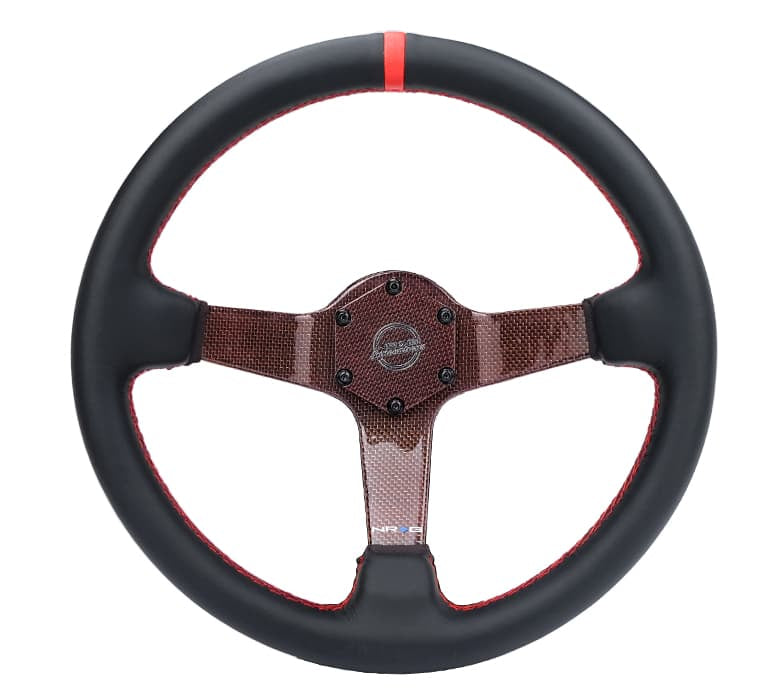 NRG Carbon Fiber Steering Wheel 350mm 3in Deep Red Carbon Fiber Red Stiching Red Center Mark Leather - RST-036CF-RD