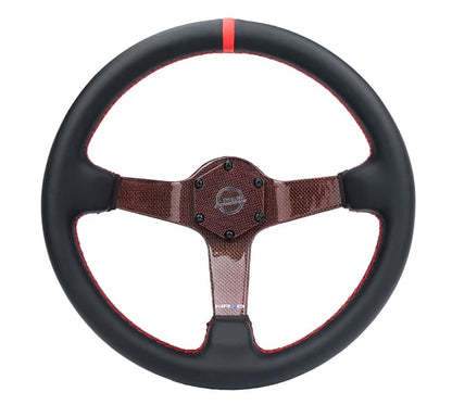 NRG Carbon Fiber Steering Wheel 350mm 3in Deep Red Carbon Fiber Red Stiching Red Center Mark Leather - RST-036CF-RD