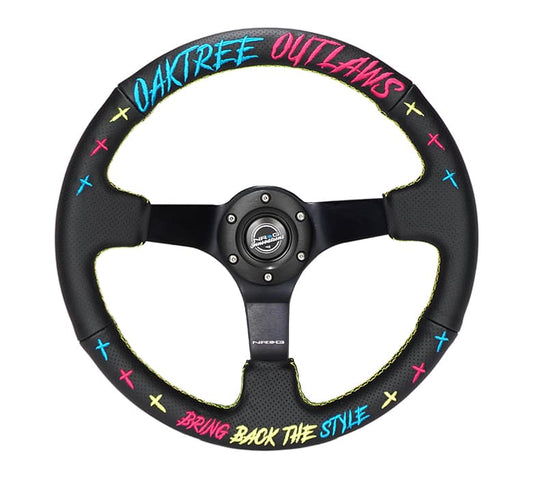 NRG Reinforced Steering Wheel - Oak Tree Outlaws 3in Deep/5mm Blk Spk 350mm Wheel - Blk Perf Lthr - RST-036MB-OTOL-TRI