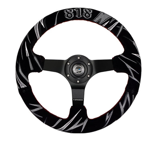 NRG Reinforced Steering Wheel (3in. Deep) Jeff Jones Sig Blk Suede, Red Stich, Car Livery Embroidery - RST-036MB-S-JJR