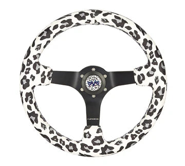 NRG Reinforced Steering Wheel (350mm/3in. Deep) SAVAGE White Leopard w/ Matte Blk Spokes - RST-036MB-SV-WT