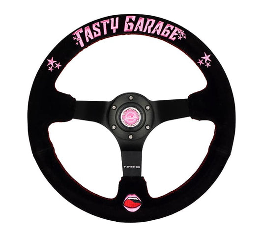 NRG Reinforced Steering Wheel (3in. Deep) Tasty Garage Sig Blk Suede, Red Stich, Pink TG Embroidery - RST-036MB-TASTY-R