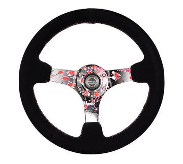 NRG Innovations 350mm Reinforced Solid-Spoke Steering Wheel - Suede - Sakura Floral - Sakura Floral Hydro-Dipped Spokes – RST-036SAK-S