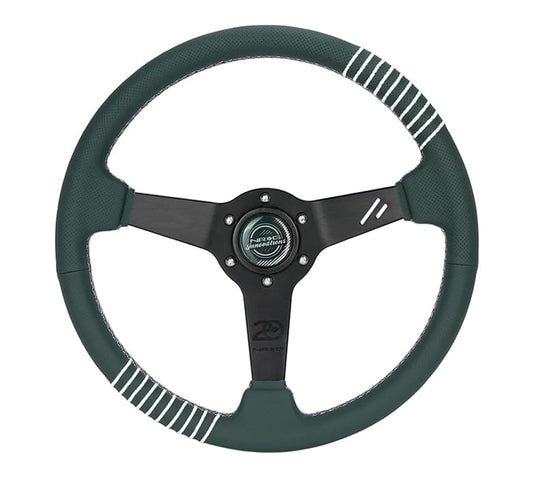 NRG Innovations 340mm Reinforced Flat Steering Wheel - Perforated Leather - 20 Year Anniversary - Silver Stitch – RST-037MB-G-20
