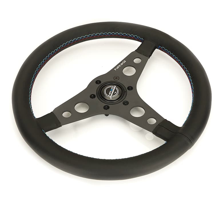 NRG Innovations 350mm Reinforced Flat Steering Wheel - M3 Tri-Color Stitch – RST-068BK