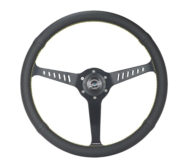 NRG Innovations 380mm Classic Stealth Steering Wheel - Perforated Leather - Yellow Stitch – RST-380-STL-Y