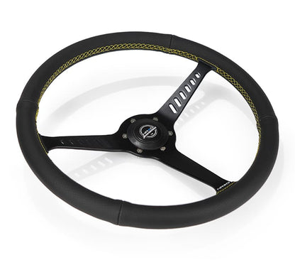 NRG Innovations 380mm Classic Stealth Steering Wheel - Perforated Leather - Yellow Stitch – RST-380-STL-Y