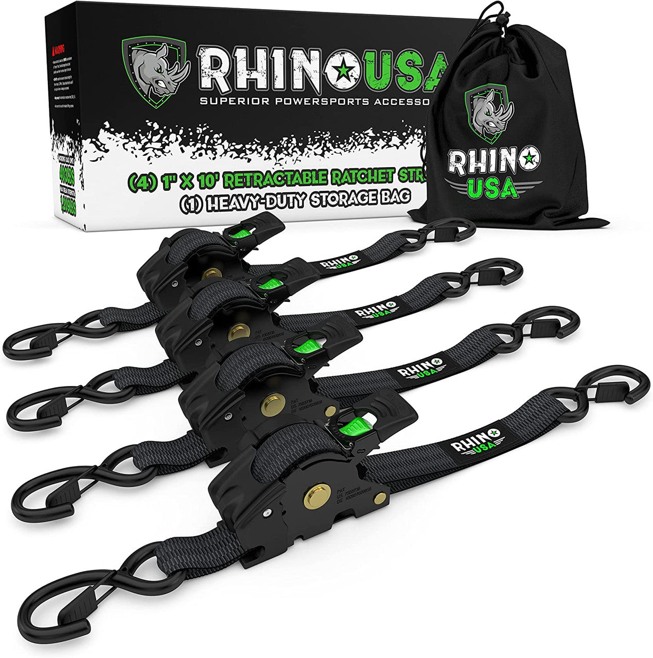 Rhino USA Retractable Ratchet Straps (4Pk 1Inx10Ft) (Black)