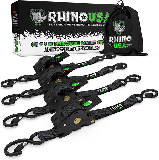 Rhino USA Retractable Ratchet Straps (4Pk 1Inx10Ft) (Black)