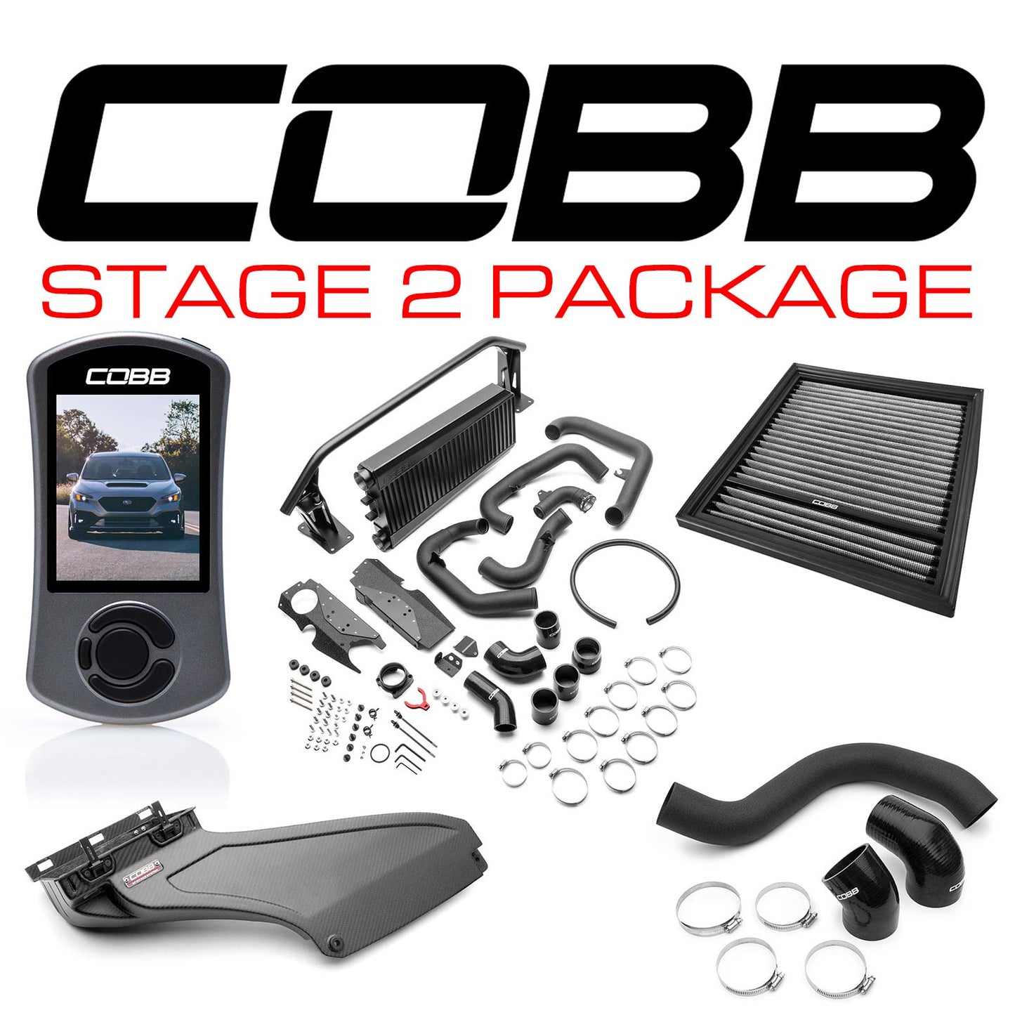 Cobb 22-25 Subaru WRX Stage 2 Power Package w/Black FMIC & Matte CF Scoop - SUB0060020-BK-FMIC-RMC