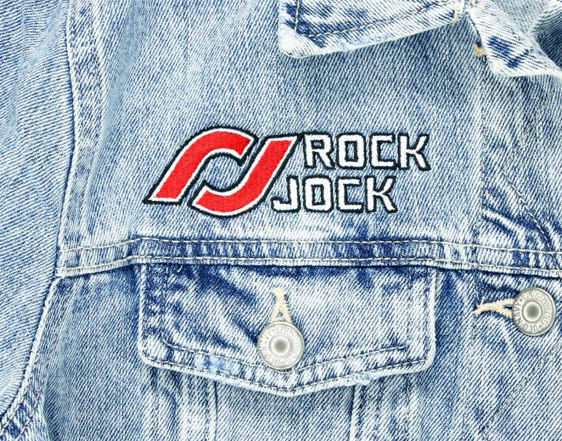 RockJock Jean Jacket w/ Embroidered Logos Front and Back Blue Womens Large
