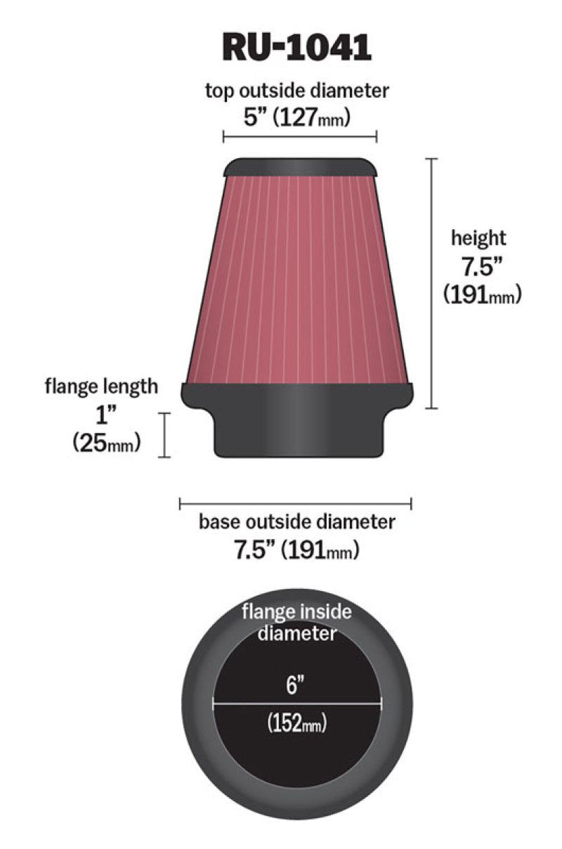 K&N Universal Clamp-On Air Filter 6in FLG / 7-1/2in B / 5in T / 7-1/2in H K&N Engineering