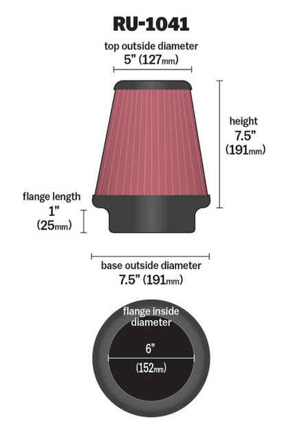 K&N Universal Clamp-On Air Filter 6in FLG / 7-1/2in B / 5in T / 7-1/2in H K&N Engineering