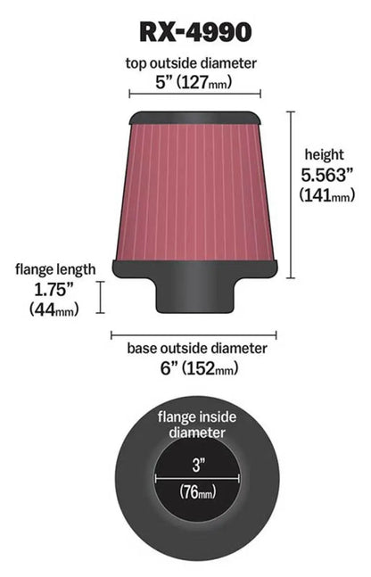 K&N Filter Universal X Stream Clamp-On 3 inch Flange 6 inch Base  5 inch Top 5 9/16 inch Height K&N Engineering