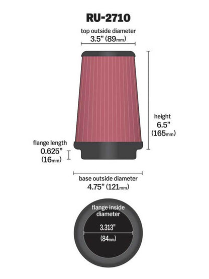 K&N Universal Rubber Filter Round Tprd 3.313in Flange ID x 4.75in Base OD x 3.5in Top OD x 6.5in H K&N Engineering