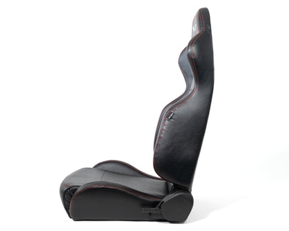NRG Reclinable Racing Seats (Pair) Black Leather w/NRG Logo Red Stitch - RSC-208-1L/R