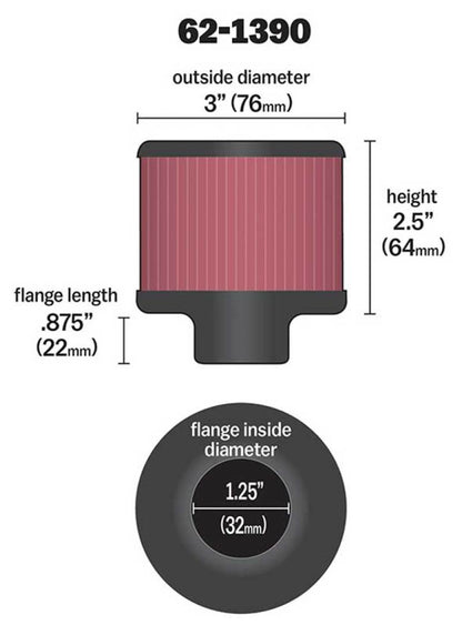 K&N 1.25in Flange ID x 3in OD x 2.5in H Rubber Base Crankcase Vent Filter K&N Engineering