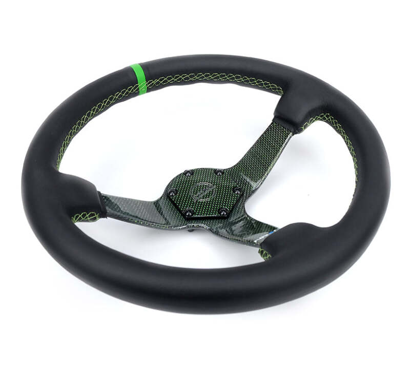 NRG Reinforced Steering Wheel (350mm) Green Carbon Fiber Center - Green Stitching & Center Mark - RST-036CF-GN