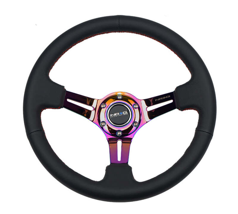 NRG Reinforced Steering Wheel (350mm / 3in. Deep) Blk Leather/Red Stitch w/Neochrome Slits - RST-018R-MCRS
