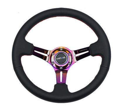NRG Reinforced Steering Wheel (350mm / 3in. Deep) Blk Leather/Red Stitch w/Neochrome Slits - RST-018R-MCRS