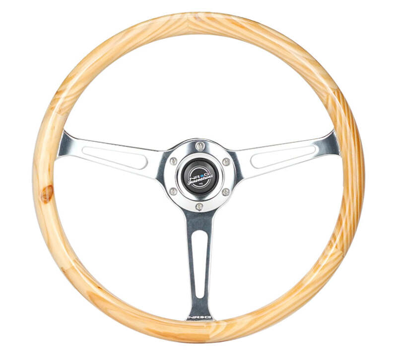 NRG Reinforced Steering Wheel (380mm) Light Wood Grain w/3-Spoke Center Shinny Chrome - RST-380RG