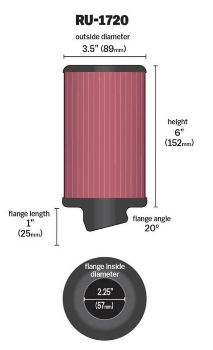 K&N Filter Universal Rubber Round Air Filter 20 Deg Flange Angle 2.25in Flange ID x 3.5in OD x 6in H K&N Engineering
