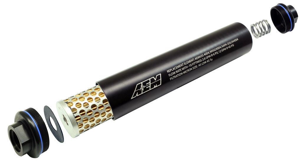 AEM Universal High Volume Fuel Filter with black anodized finish