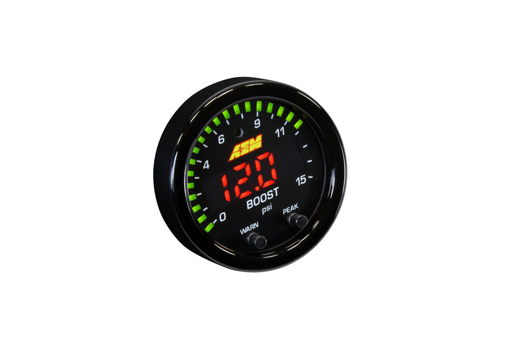 AEM X-Series Pressure Gauge Kit 30-0309 with black bezel and boost/fuel faceplate, featuring a bright LED display and compact design.