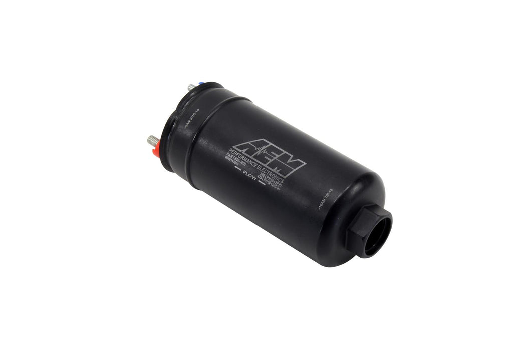 Close-up of AEM 50-1005 fuel pump showcasing black plated steel body