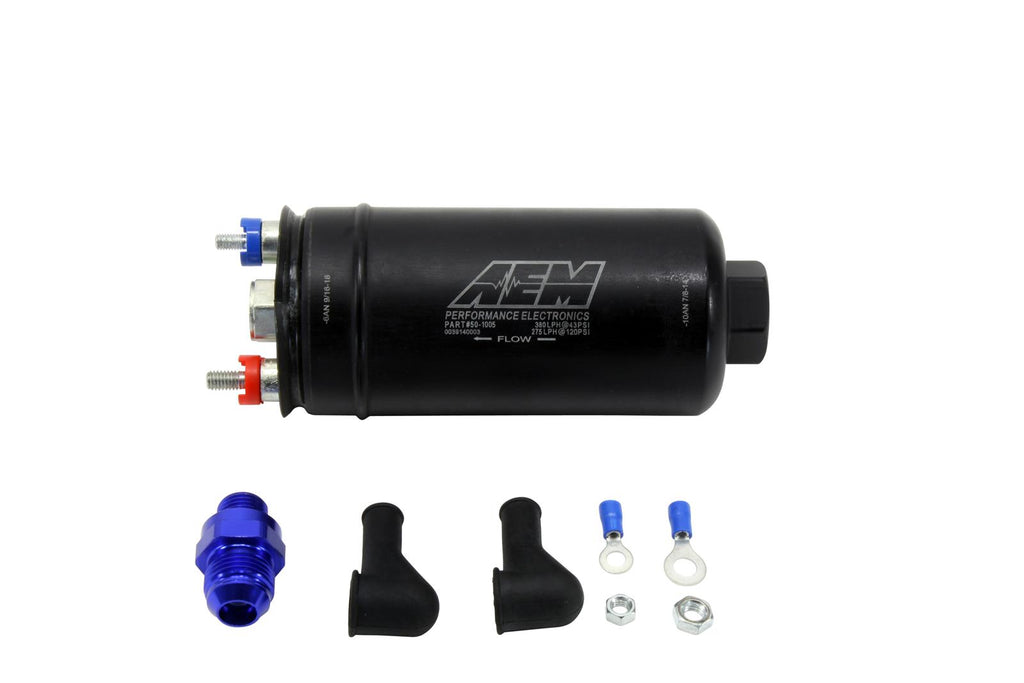 Close-up of AEM 50-1005 fuel pump showcasing black plated steel body