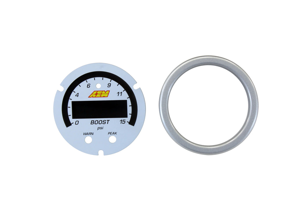 AEM X-Series Pressure Gauge Kit 30-0309 with black bezel and boost/fuel faceplate, featuring a bright LED display and compact design.