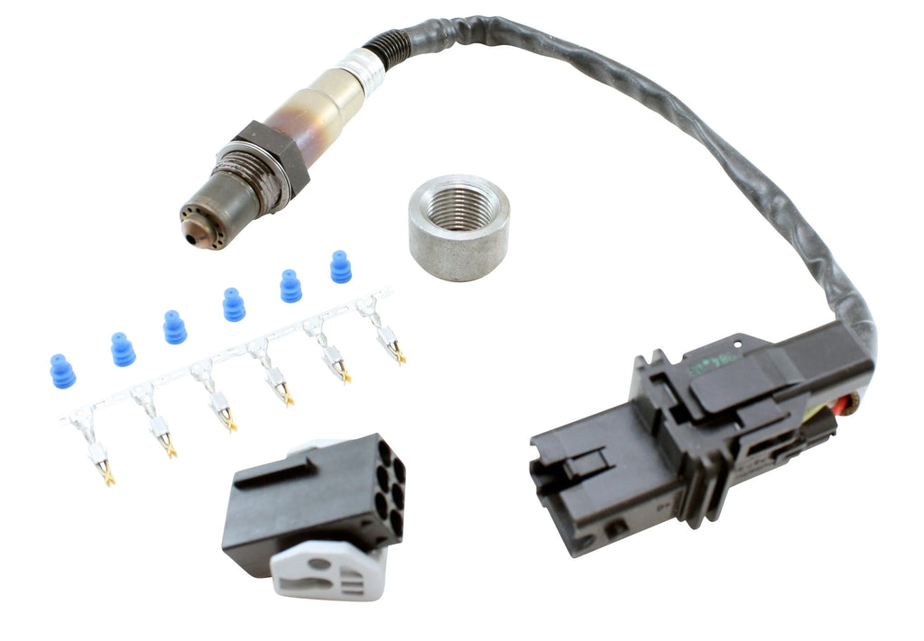 AEM Bosch LSU 4.2 Wideband UEGO Installation Kit with sensor, bung, connector, wire seals, and pins (Part #30-2002).