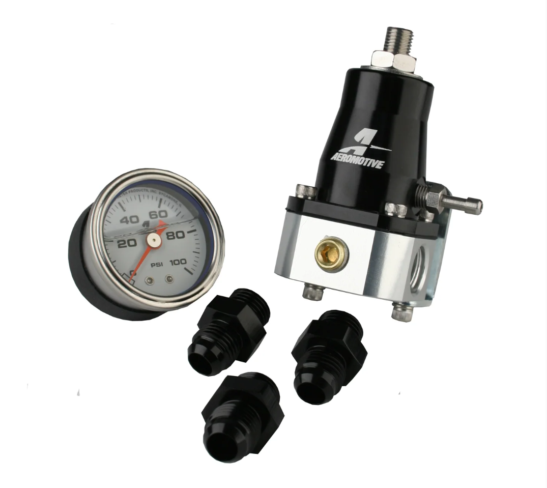 Aeromotive 13130 EFI bypass fuel pressure regulator kit with pressure gauge and fittings for universal EFI fuel systems, adjustable 40-75 PSI performance regulator