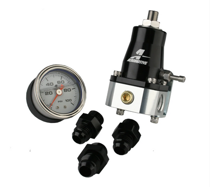 Aeromotive 13130 EFI bypass fuel pressure regulator kit with pressure gauge and fittings for universal EFI fuel systems, adjustable 40-75 PSI performance regulator