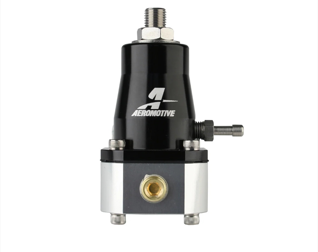 Aeromotive 13130 EFI bypass fuel pressure regulator kit with pressure gauge and fittings for universal EFI fuel systems, adjustable 40-75 PSI performance regulator