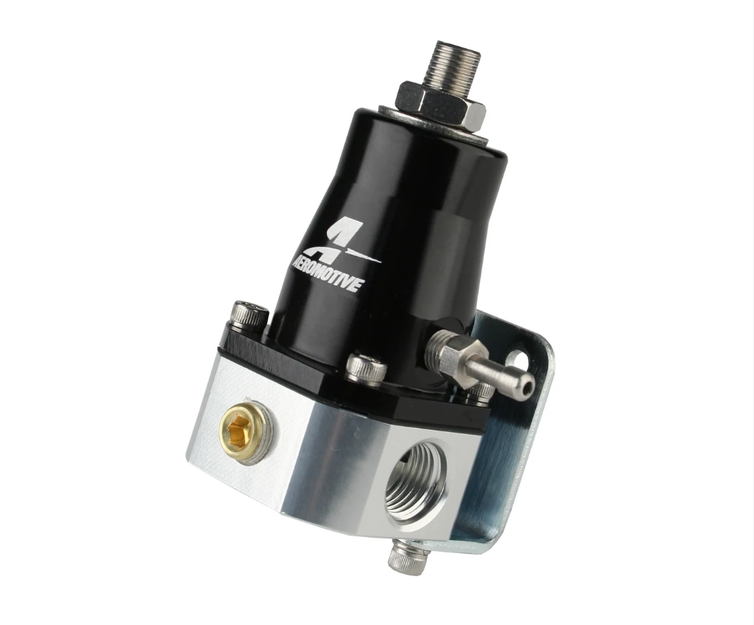 Aeromotive 13130 EFI bypass fuel pressure regulator kit with pressure gauge and fittings for universal EFI fuel systems, adjustable 40-75 PSI performance regulator