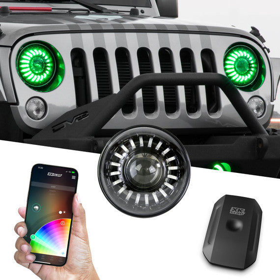 XK Glow RGB Jeep JL Headlight Kit w Mounting Brackets w Dual-Mode Dash Mount Controller (2pc 7in)