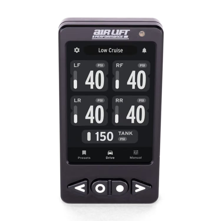 Front view of Air Lift Performance ALP4 digital controller displaying four corner air pressure readout screen