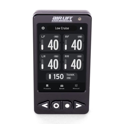 Front view of Air Lift Performance ALP4 digital controller displaying four corner air pressure readout screen