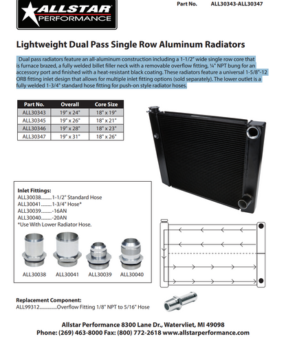 Allstar Performance Dual Pass Radiator – 31x19, 1-Row, Aluminum, Black (ALL30347)