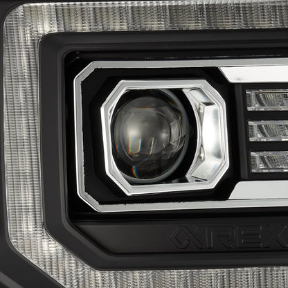 Close up detail of main LED projector lens on AlphaRex 880615 GMC Sierra headlight