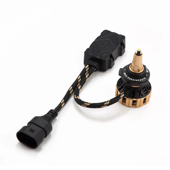 AlphaRex Gold Ammo Panoramic 9006 LED bulbs 110004 with gold anodized housings and 360-degree light output